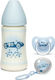 Suavinex Set aus Plastikflaschen Boys Toys Set Gegen Koliken mit Silikonsauger für 0+, 0+ m, Monate Blue Ente 270ml