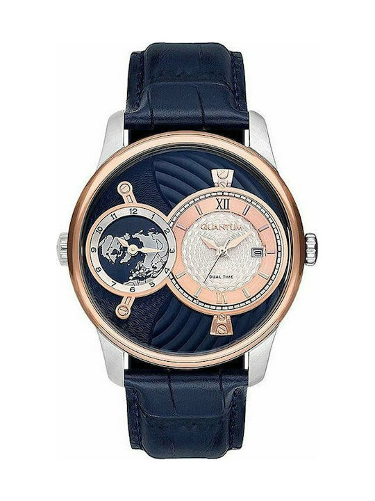 Quantum Adrenaline Dual Time Watch Battery with Blue Leather Strap