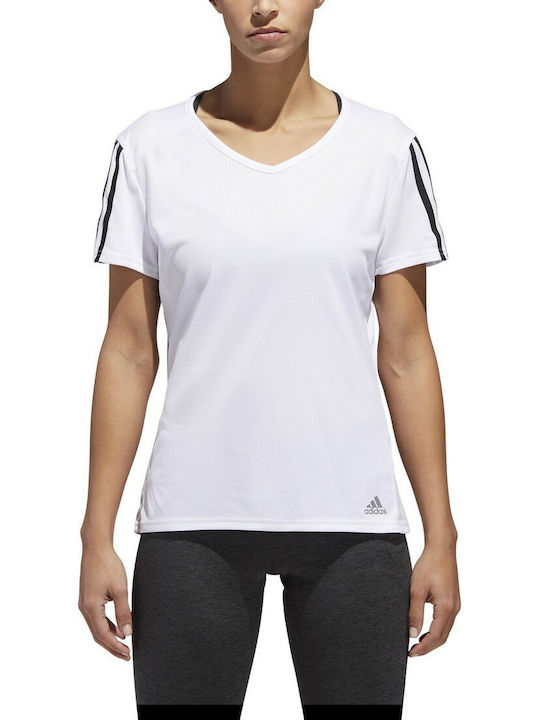 Adidas Running 3-Stripes Women's Athletic T-shirt Fast Drying with V Neckline White