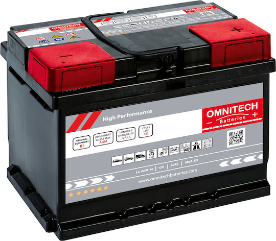 Omnitech Car Start/Stop Battery High Performance L2 AGM 60 with 60Ah Capacity and 680A CCA