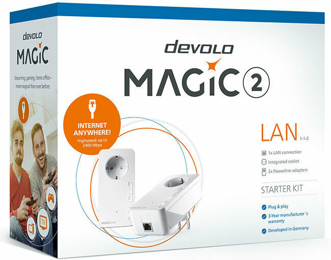 Devolo Magic 2 LAN 1-1 Powerline Dual Kit Wired with Passthrough Socket and  Gigabit Ethernet Port