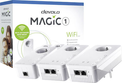 Devolo Magic 1 WiFi 2|1 Powerline Τριπλού Kit για Ασύρματη Σύνδεση Wi‑Fi 5 με Passthrough Πρίζα και 2 Θύρες Ethernet