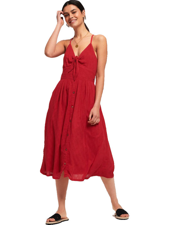 Superdry Jaydy Midi Καλοκαιρινό All Day Φόρεμα με Κουμπιά Nautical Red