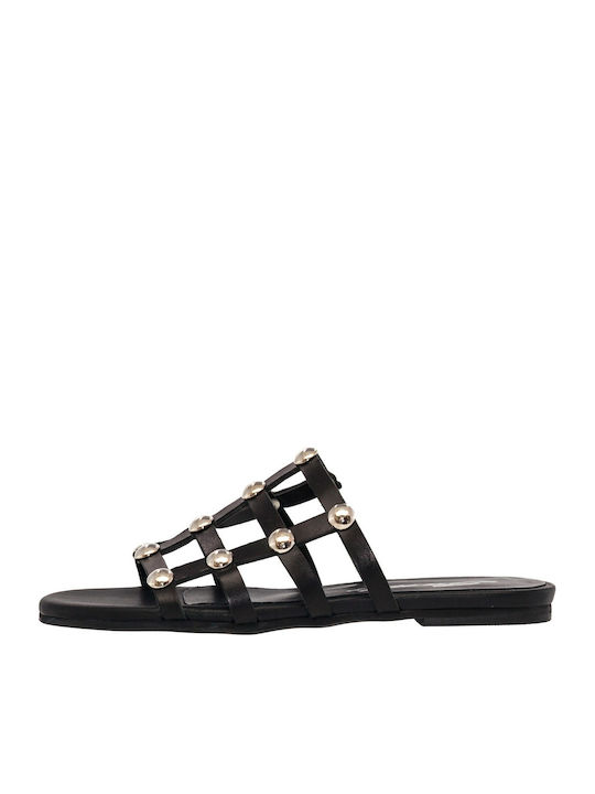 Sante Leather Women's Flat Sandals in Black Color