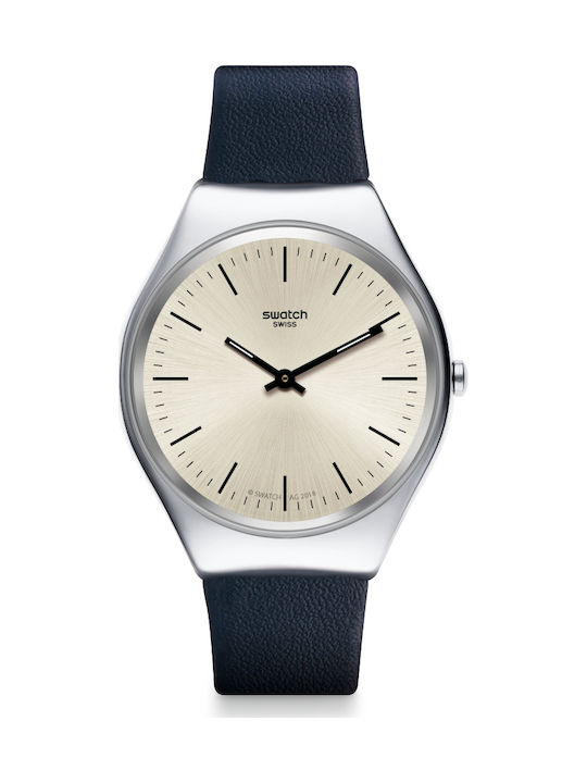 Swatch Skinazul Watch with Black Leather Strap