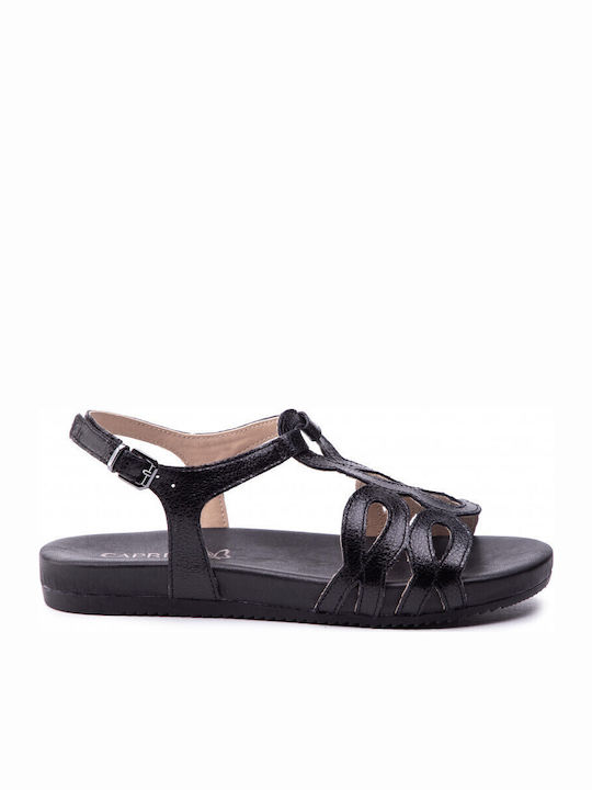 Leather Women's Flat Sandals Anatomic with Strap in Black Color