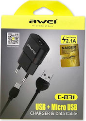 Awei Charger with USB-A Port and Cable micro USB Blacks (C-831)