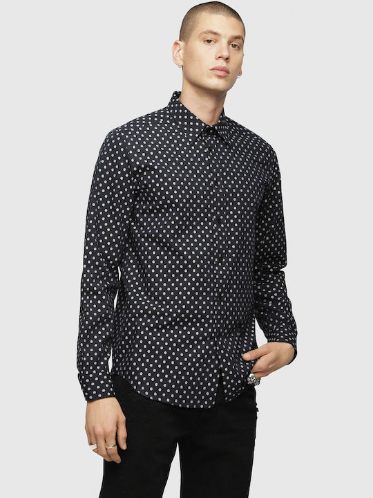 Diesel S-Jirou Herrenhemd Langärmelig Baumwolle Polka Dot Marineblau