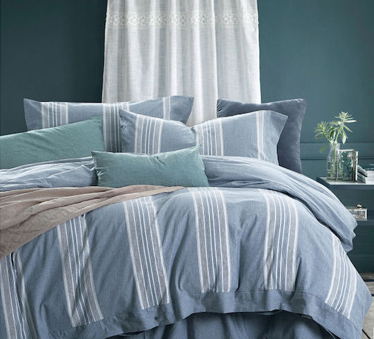Beauty Home Duvet Cover Set Cotton Queen with 2 Pillowcases 220x240 Grooves 1611 Blue