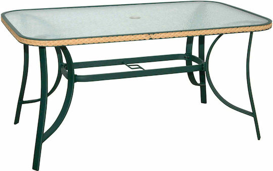 Braid Outdoor Dinner Free Standing Table with Glass Surface and Aluminum Frame Green 120x70x71cm