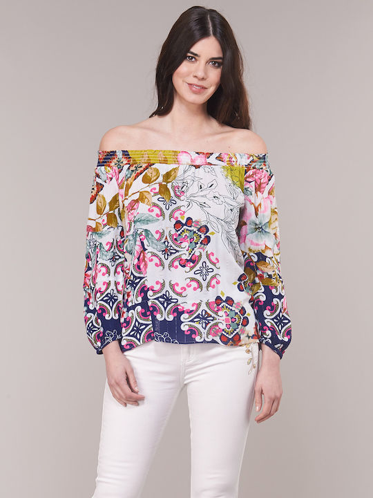 Desigual Hidra pentru Femei de Vară Bluză Bluză cu umerii goi Mânecă lungă Floral Albă