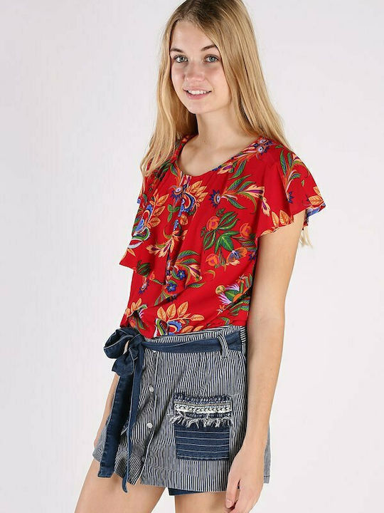 Desigual Luxury Women's Summer Blouse Short Sleeve Floral Red