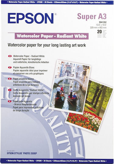 Epson Watercolor Paper Radiant White Photo Paper Matte A3+ 190gr/m² for Printers Inkjet 20 Sheets