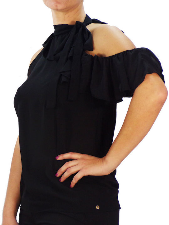 Toi&Moi Women's Summer Blouse Short Sleeve with Tie Neck Black