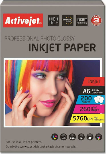 Active Jet Premium Photo Glossy Photo Paper A6 (10x15) 260gr/m² for Printers Inkjet 200 Sheets