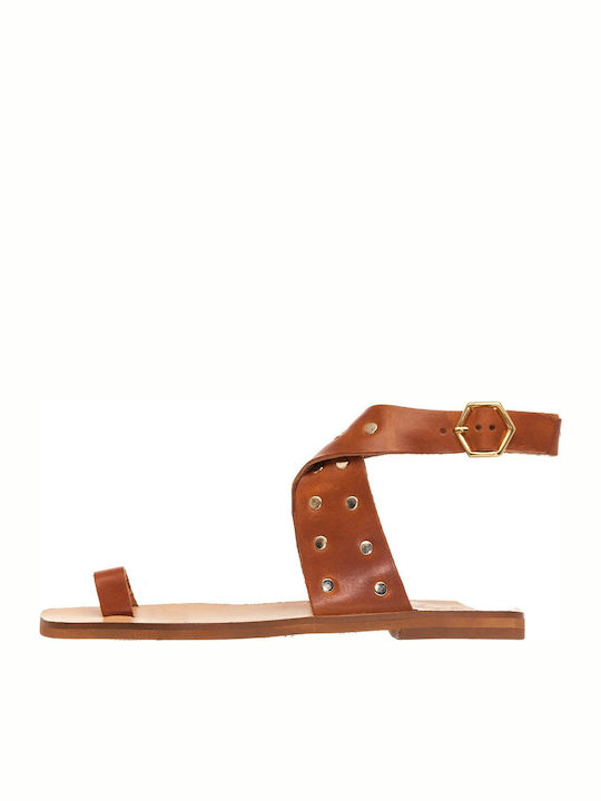 Sante Leather Women's Flat Sandals In Tabac Brown Colour