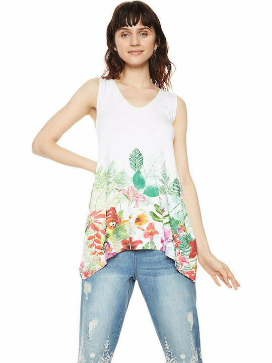 Desigual Clara Women's Summer Blouse Cotton Sleeveless with V Neck Floral White