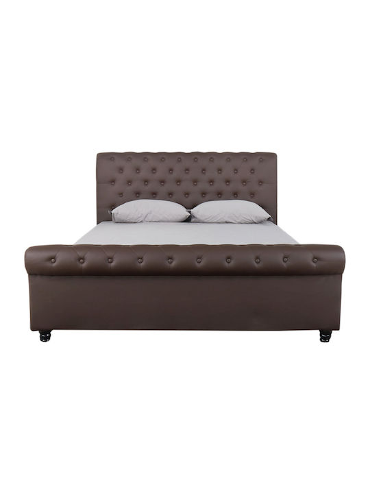 Geranium Super Double Bed Padded with Leather without Slats Brown 160x200cm