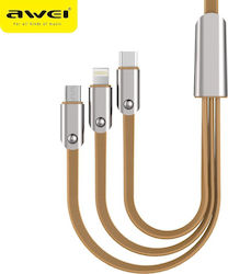 Awei CL-21 Flat USB to Lightning / Type-C / micro USB Cable 2.4A Χρυσό 1.5m