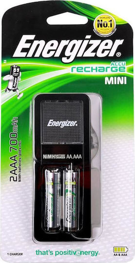 Energizer ACCU Recharge Mini Charger 2 Batteries Ni-MH Size AA/AAA Set with 2x AA 2000mAh