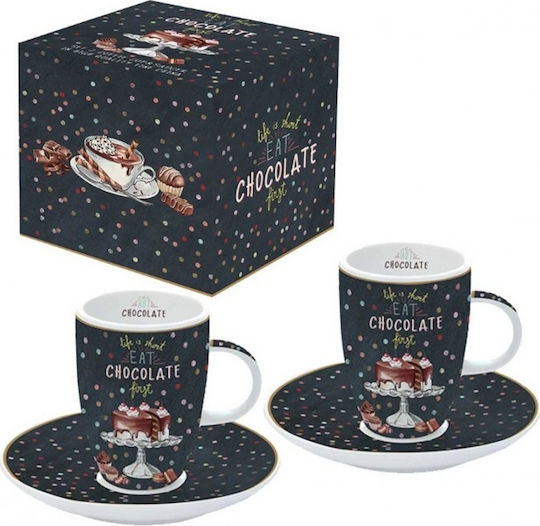 Marva Set Cești Cafea Hot Chocolate Set Căni Maro Din porțelan Negre 50ml 2buc
