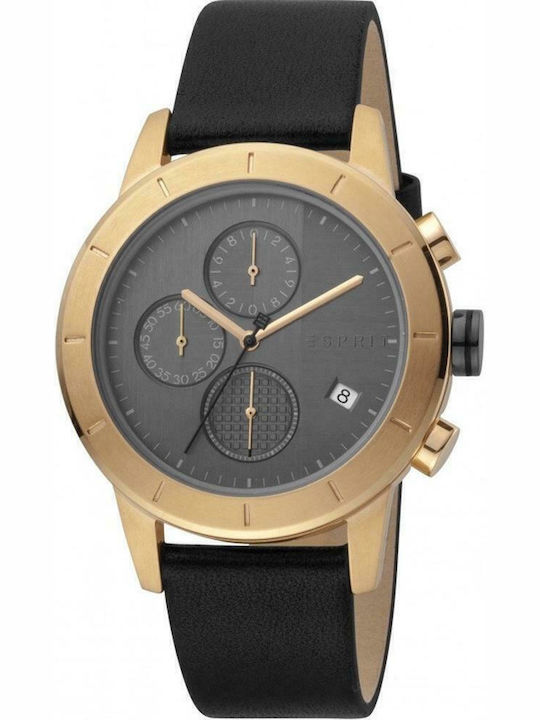 Esprit Ανδρικό Ρολόι 42mm Χρονογράφος Μπαταρίας με Μαύρο Δερμάτινο Λουράκι