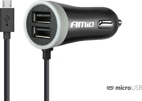 AMiO Pch Pro01 2x Micro Φορτιστής Αυτοκινήτου 2.4A Γρήγορης Φόρτισης με Θύρες: 2xUSB Μαύρο Χρώμα