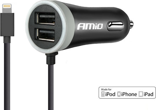 AMiO PRO-02 Auto-Ladegerät 2.4A mit 2xUSB-A Anschlüssen zusammen mit Lightning Kabel Schwarz Farbe