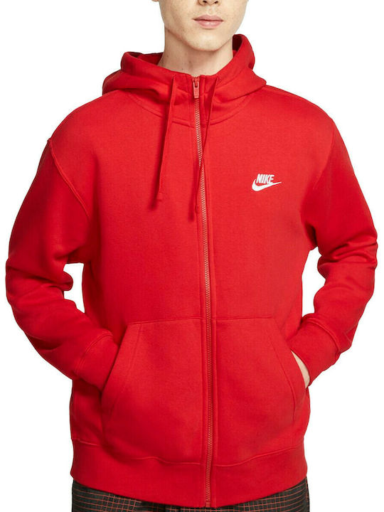 Nike Sportswear Club Ανδρική Φούτερ Ζακέτα με Κουκούλα και Τσέπες Κόκκινη