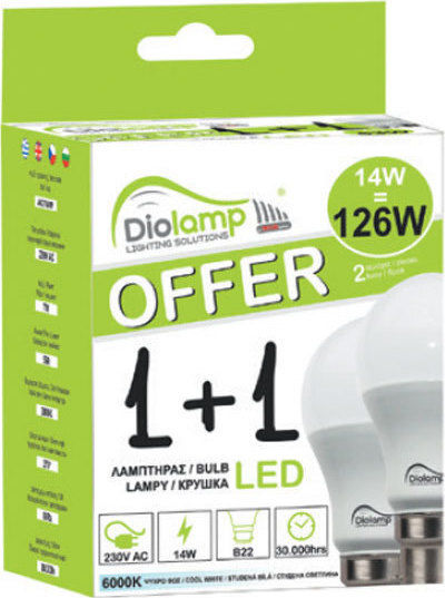 Diolamp LED Bulbs 7W 108mm for Socket B22 and Shape A60 Cool White 590lm 2pcs