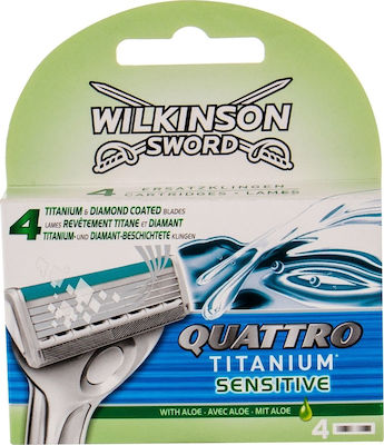 Wilkinson Sword Quattro Titanium Sensitive Ανταλλακτικές Κεφαλές με 4 Λεπίδες & Λιπαντική Ταινία για Ευαίσθητες Επιδερμίδες 4τμχ