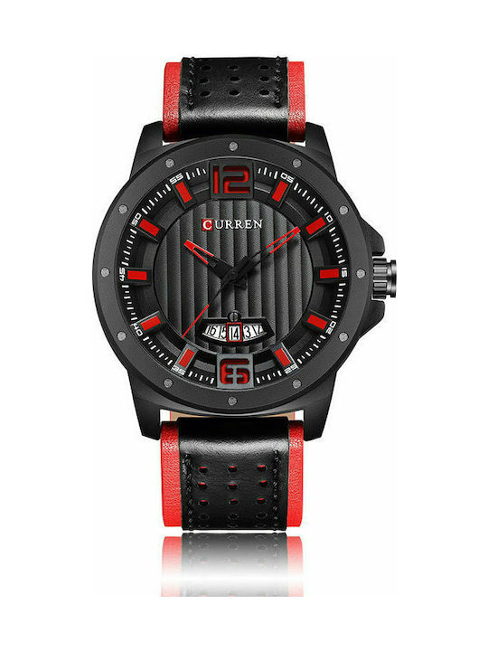 Curren Watch Battery with Leather Strap Black Red