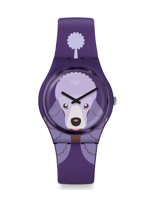 Swatch Poodle Uhr mit Lila Kautschukarmband