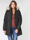 Lang Damen Parka Jacke mit pelziger Kapuze für Winter Schwarz