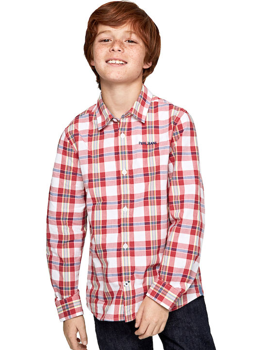 Kids Checked Shirt Long Sleeve Red EVAN