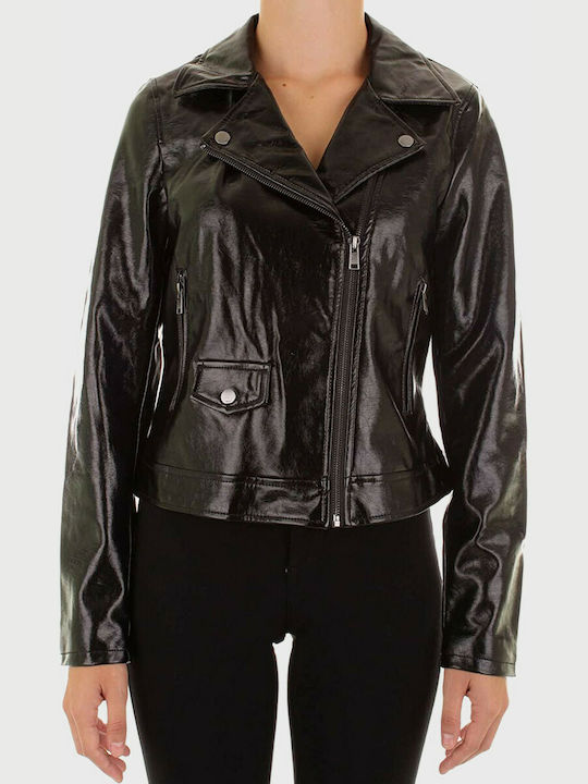 Only Women's Short Biker Artificial Leather Jacket for Winter Black