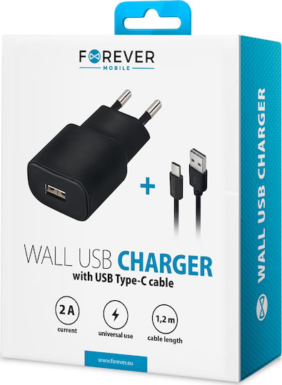 Forever Φορτιστής με Θύρα USB-A και Καλώδιο USB-C Μαύρος (TC-01)