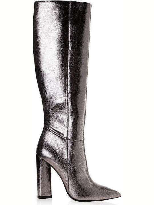 Leather High Heel Women's Boots with Zipper Silver