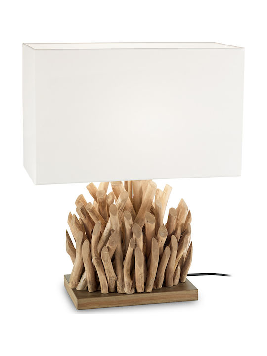 Ideal Lux Snell TL1 Big Holz Vintage Tischlampe für Fassung E27 mit Weiß Schirm und Beige Basis