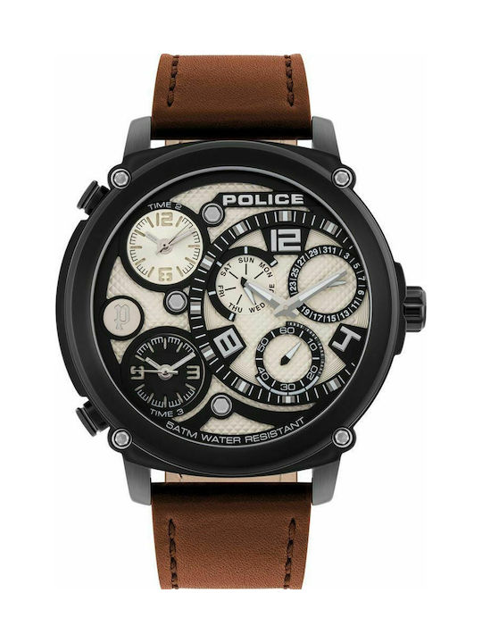 Police Titan Watch Chronograph Battery with Brown Leather Strap