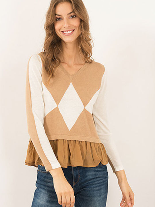 Only Women's Long Sleeve Pullover with V Neck Beige