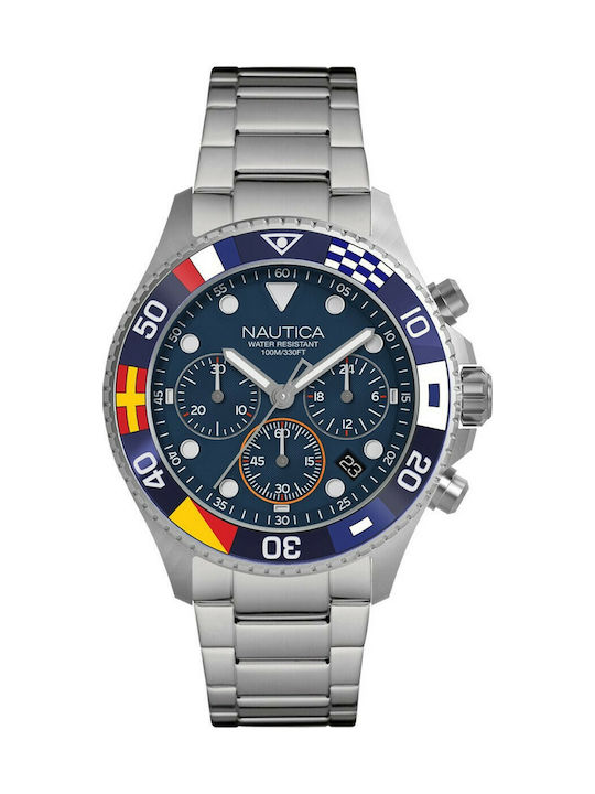 Nautica Wes Port Flags Watch Battery with Silver Metal Bracelet