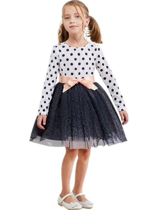Kids Dress Long Sleeve Polka Dot White