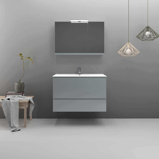 Zebis Smile 090L Πάγκος με Νιπτήρα & Καθρέπτη με Φως Γυαλιστερή Λάκα Μ90xΒ46xΥ60cm Γκρι