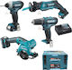 Makita CLX431SAJ1 Σετ Δισκοπρίονο, Κρουστικό Δραπανοκατσάβιδο, Παλμικό Κατσαβίδι & Σπαθοσέγα 12V με 3 Μπαταρίες 2Ah και Θήκη