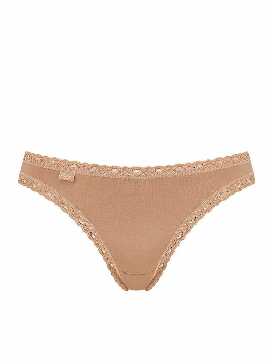 Sloggi Lace Tanga Bumbac Femeie Brazilia cu Dantelă Bej