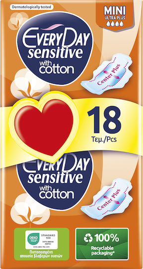 Every Day Sensitive With Cotton Mini Ultra Plus Σερβιέτες με Φτερά για Κανονική Ροή 4 Σταγόνες σε Διπλή Συσκευασία 2x9τμχ