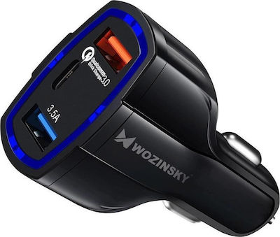 Încărcător Auto Negru Wozinsky de Intensitate Totală 7A Încărcare Rapidă cu Porturi: 2xUSB 1xType-C