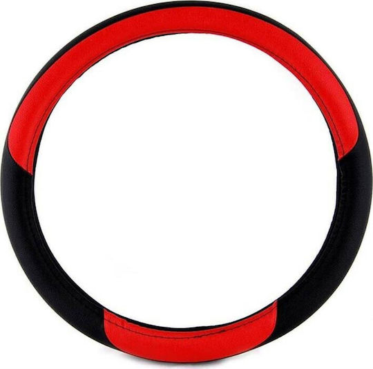 Autoline Car Steering Wheel Cover 14151 with Diameter 36cm Leather Black with Red Stitching