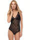 Minerva Lingerie Spaghetti Strap Bodysuit 90-90992 with Mesh & Lace Black